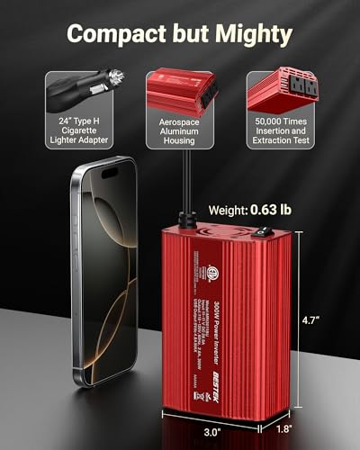 BESTEK Power Inverter DC 12V to AC 110V - 300W Car Plug Adapter Outlet with 4.8A Dual USB Fast Charging Port - Car Charger Cigarette Lighter Adapter for Phone, Laptop on Road Trip - Aluminum Housing