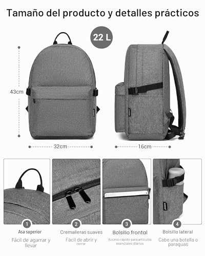 Miniatura 7 de Kono Mochila Casual, Mochila Escolar Ligero Backpack Unisex Casual Daypack Mochila Hombre Mujer 15,4 Pulgadas Laptop Bag Para Viajes Trabajo Escuela Negocios Deportes