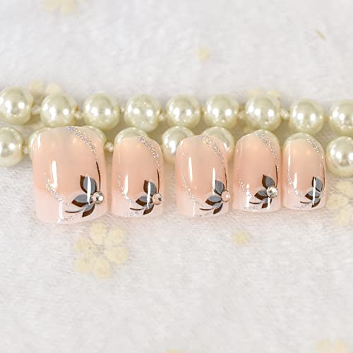 EchiQ Flowers Short Round Press On Nails, Natural Design, Gel Polish DIY, Diamond Nude Base, Swirls Glitter Sequins Shimmer Solid Color Glossy Fake Nails Women Girls, Classy Full Cover False Nails, Acrylic Faux Ongles 24 pcs/kit