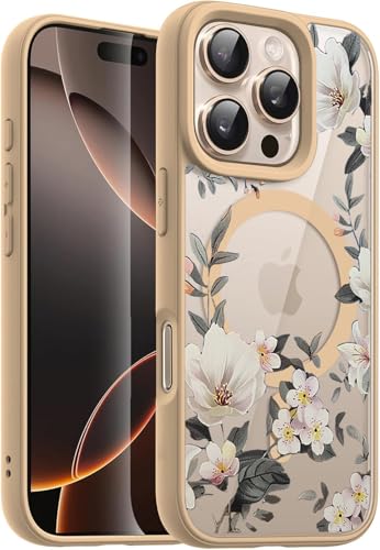Image of VONZEE Compatible with iPhone 15 Pro Max Case Luxury Retro Flowers Floral Clear for Magnetic Wireless Charging Case Shockproof Case PC+TPU Cute Glossy Shiny Cover for Girls Women,6.7'' Desert Titanium
