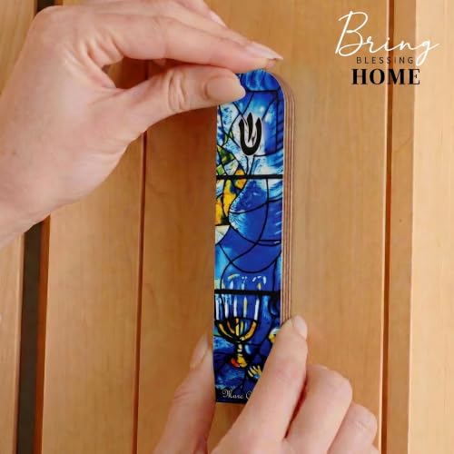 Image of SURI Wooden Mezuzah with Printed Scroll for Door - 5 Inch Chagall Inspired Blue Jewish Door mezuzah Cover, Self-Stick Adhesive, Fits a 4 Inch Scroll, Gift Box Included