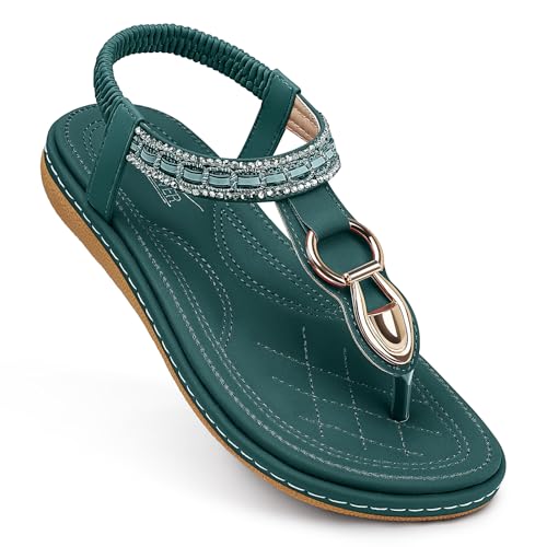Image of SHIBEVER Flat Sandals for Women Dressy: Comfortable Thong Slip On Sandal | Elastic Ankle Strap Bohemian Women's Flats Shoes - Summer Comfort Flip Flops Open Toe Orthopedic for Walking Casual