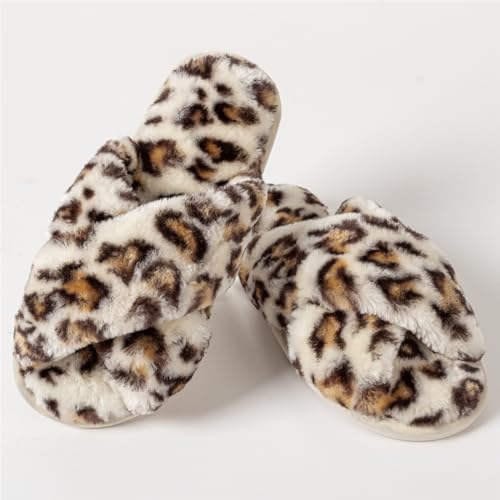 Image of Women's Cross Band Fuzzy Slippers Fluffy Open Toe House Slippers