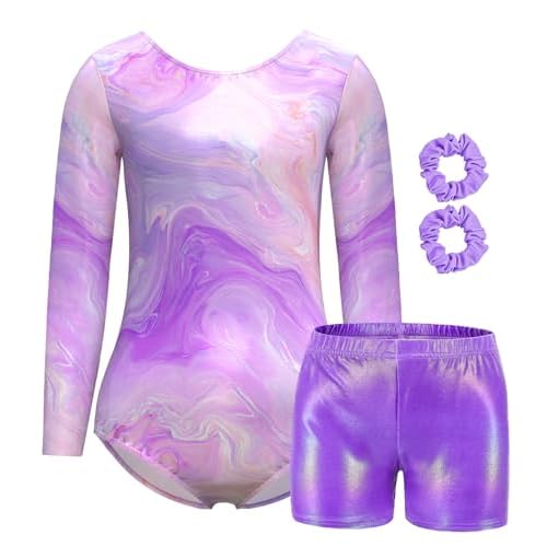 MOLLDAN Gymnastics Leotard for Girls Long Sleeve Biketard Unitard Tumbling Activewear for Kids Colorful Marble-d 8Y(8-9 Years)