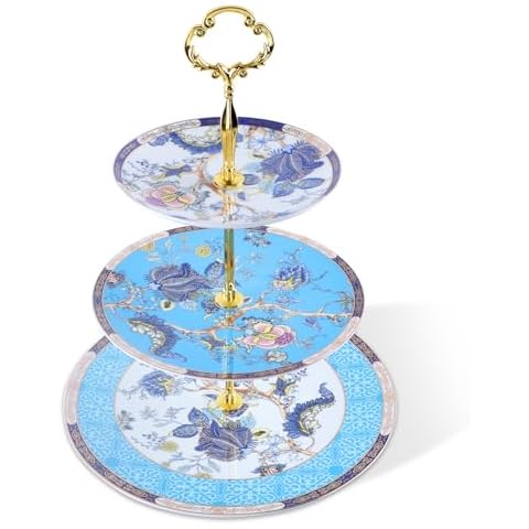 Jidaonop 3 Tier Cake Stand, Porcelain Blue and White Cake Stand, Afternoon Tea Party Cake Stand, Dessert Table Display Set with 3 Tiers Tray Platter, Cupcake Tower Holder for Birthday, Wedding Gift Cover