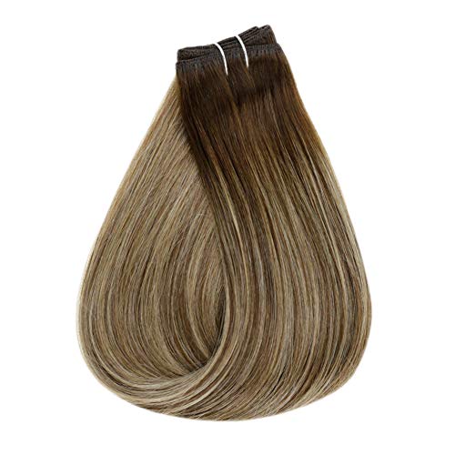 Image of Full Shine Weft Hair Extensions Human Hair 20 Inch 105G, Ombre Hair Weft, Invisible Sew In Hair Extensions, Medium Brown To Butter Blonde Mix Medium Brown, Thick Hair, Long Styling,Add Length