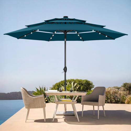 PHI VILLA 10ft Outdoor Patio Umbrella with Solar Lights, 3 Tier Vented,Cyan