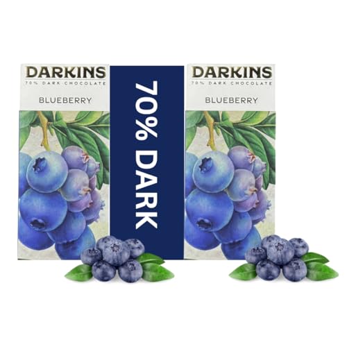 Image of Darkins 70% Dark Chocolate With Blueberries | 2x50gm | Gluten-Free Chocolate | Vegan | Natural | Unrefined Cane Sugar | 50g Each Pack of 2