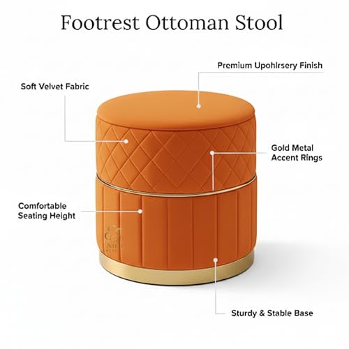 Image of Set of 2 Round Velvet Ottoman Footstool Gold Base - Tufted Upholstered Pouffe Stool for Living Room, Bedroom & Dressing Area (Orange)