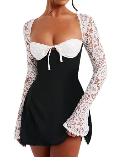 Amazon.com: Women 's Elegant Bodycon Dress Lace Patchwork Long Sleeve Low  Cut Mini Dress Backless Tie-up Going Out Dress(Multi Color-M) : Clothing,  Shoes & Jewelry