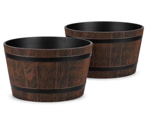 Image of Muddy Hands Wooden Barrel Effect Water Feature Container 21 Litre Rustic Outdoor Garden Pond Bowl, Decorative Plastic Planter Style Water Feature Basin, 39.5cm Diameter, No Drainage Holes