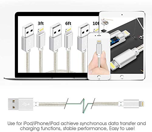 Iphone Charger, 4Packs(3Ft 6Ft 6Ft 10Ft)Charging Cable Mfi Certified Usb Lightning Cable Nylon Braided Fast Charging Cord Compatible For Iphone13/12/11/X/Max/8/7/6/6S/5/5S/Se/Plus/Ipad(Sliver White) #TOP6