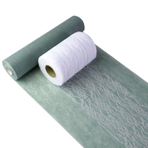 Bieżnik na stół z włókniny i koronka, w kolorze zielonym eukaliptusowym (30 cm x 25 m), dekoracyjny obrus, elegancka dekoracja stołu na urodziny i wesela, kolorowa dekoracja na specjalne okazje