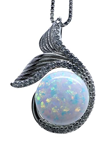 Diamond Mermaid White Opal Necklace Sterling Silver White Gold Fish Tail Opal Pendant White gold 18kgp