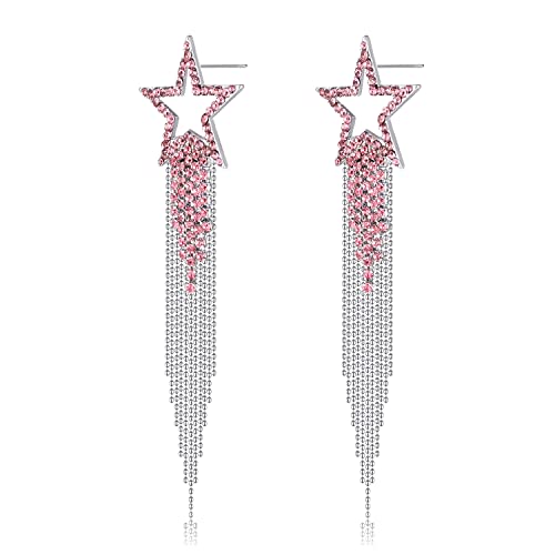 Crystal Tassel Dangle Earrings for Women Rhinestone Star Pave Stud Earrings Statement Jewelry Gifts (Pink)