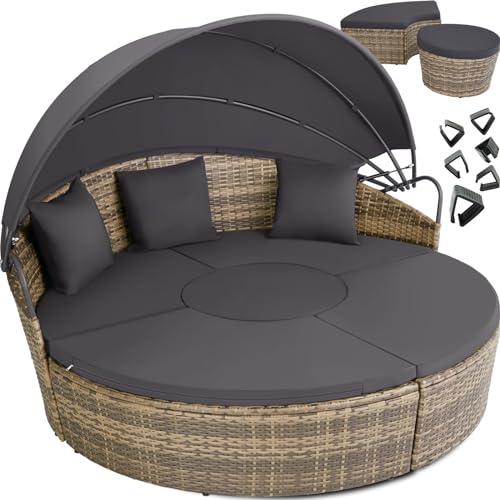 TecTake® Isla de Ratán con Cojines, Conjunto Jardín con Toldo Corredizo Plegable, Muebles Jardín Exterior con Estructura en Acero y Resistente a la Intemperie, Conjunto Terraza Combinable - Natural