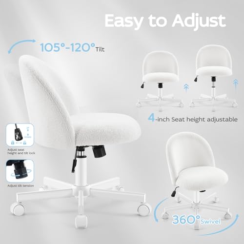 Vanity Chair with Back,Armless Desk Chair Cute Small Office Chair,Teddy Fabric Computer Chair with Adjustable Height,120°Tilting,Rolling,Swivel for Vanity,Kids Room,Office,Bedroom  image 8