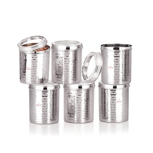 Image of Ebun Stainless Steel Containers for Kitchen Storage Set | Steel Storage Containers for Kitchen | Steel Containers with Lid | Hand Hammered Texture Airtight Steel Containers 1 Kgs | Pack Of 6
