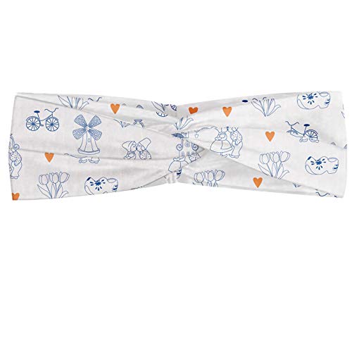 ABAKUHAUS Diadame holandés, Banda Elástica y Suave para Mujer para Deportes y Uso Diario Elementos Cultura Holanda tradicional con las bicicletas del estilo del Doodle Zuecos, Azul marino Naranja