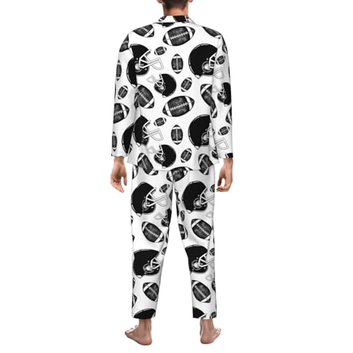 Black And White American Football Mens Pajamas Set Button Down Sleepwear Set Long Sleeve Loungewear With Pockets2