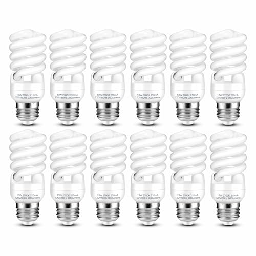 Barfelty E26 CFL Light Bulbs 13Watt, T2 Spiral Soft White 2700K 900lm E26 Medium Base Compact Fluorescent Light Bulbs, UL Approved, 120v 60Hz, Self Ballasted CFL Bulbs (60Watt Equivalent), Pack of 12