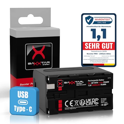 Baxxtar Pro Batterie NP-F970 10A Max (10500 mAh) avec USB-C PD 20W entrée/Sortie - Sortie USB-A 2A pour NP-F990, NP-F980, NP-F960, NP-F950, NP-F750 - Compatible avec caméscope, lumières LED