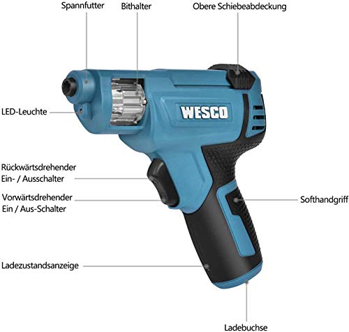 WESCO 3.6V Akkuschrauber Set mit 12 Bits und Ladegerät