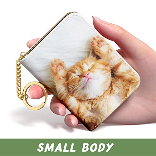 Image of Aiawoxc Credit Card Holder for Women, Small RFID Wallet Slim Leather Card Organizer Case with Zipper and Keychain, Cute Cat