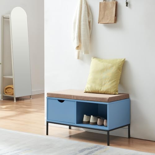 [en.casa] Banco Zapatero Colwyn con Cajón y Cojín Mueble Recibidor para Dormitorio Vestíbulo Entrada máx. 120 kg MDF Metal Textil 80 x 40 x 45 cm - Azul Gris