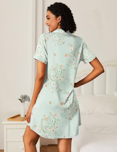 Image of Ekouaer Nightgowns for Women Bamboo Viscose Sleep Shirts Button Down Night Shirt Short Sleeve Boyfriend Pajama Dress