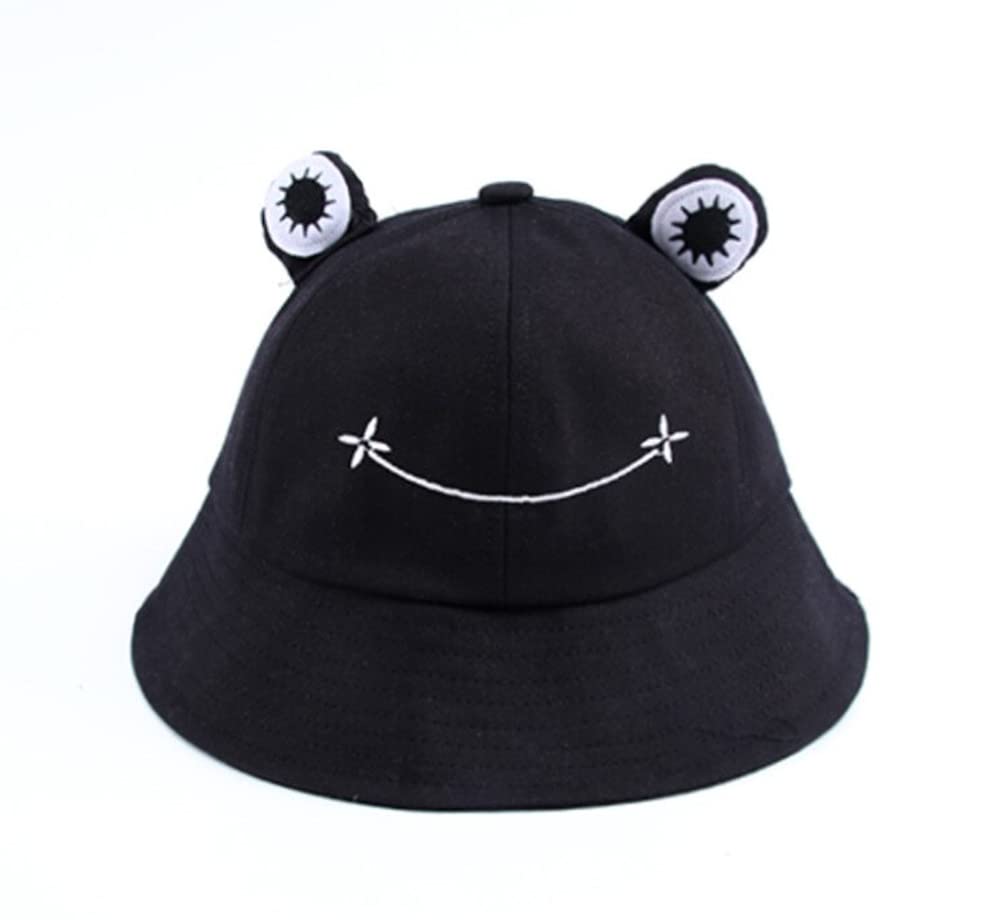 Kgm Unisex Black Cute Frog Design Bucket Fisherman Hat - Festival Holiday Travel Fun Party Hats Gifts (Black)