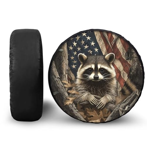 Image of Pensura Spare Tire Cover Funny Raccoon American Flag Tire Wheel Soft Cover Universal Fit for Trailer, RV, SUV, Truck, Sun Rain Snow Protection Car Accessories