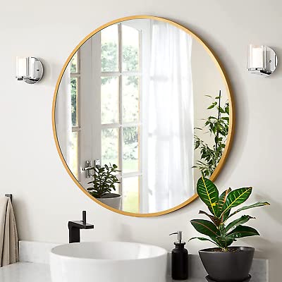 The Arts Box Gold Round Wall Mirror 24 Inch | Modern Metal Frame Decorative Wall Mirror for Bathroom Wash Basin, Bedroom & Living Room