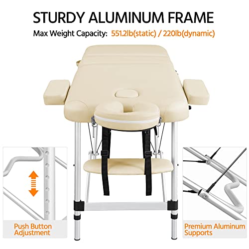 Yaheetech Massage Tables Portable Lash Bed For Eyelash Extensions Aluminium Tattoo Table Height Adjustable Spa Bed Lightweight With Non-Woven Bag, Cream #TOP6