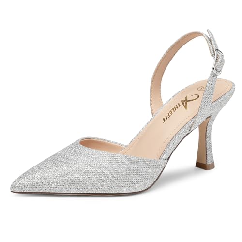 Athlefit Closed Pointed Toe Heels for Women Dress Work Wedding Party Slingback Stiletto Pumps Shoes Silver Glitter Size 6.5, SAPU2606W