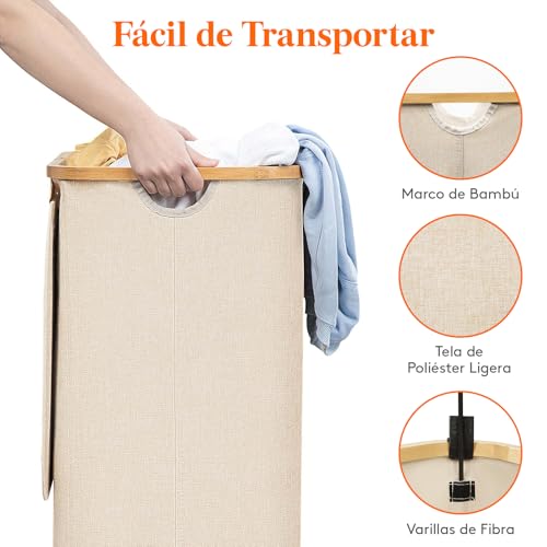 Miniatura 6 de Lifewit Cesto Para La Ropa Sucia De 100l Con Tapa, Cesta Para La Colada Con Asas De Bambú Y Una Bolsa Extraíble, Cesto De Ropa Plegable Grande Para Dormitorio, Cuarto De Baño, Lavadero, Beige