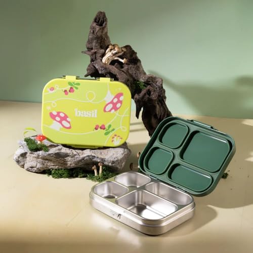 Image of Basil Bento Box Quad - 4 Compartment Stainless Steel Lunch Box with BPA-Free Plastic Lid | 800 ml Leak-Proof Tiffin Box for Kids & Adults | Premium School, Office, and Picnic Lunch Box - Emerald Moss