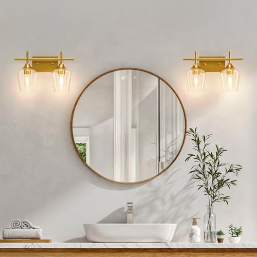 VONLUCE Bathroom Vanity Light, 2-Light Bathroom Light Fixture Over Mirror, Vanity Light Fixtures with Clear Glass, Modern Wall Sconce for Bathroom Bedroom Hallway Kitchen, Brushed Gold by VONLUCE - Image 3