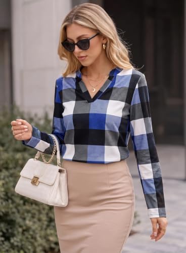Dokotoo Womens Tops Plaid Cotton Cuffed 3/4 Sleeve Shirts Blouses