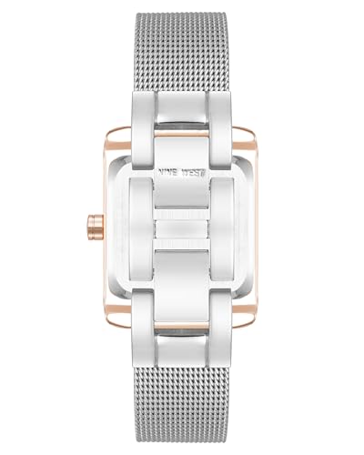 Image of Nine West Women's Analog Watch, Silver-Tone Mesh Bracelet, Limited Movement, Mineral Crystal Lens, Grey Dial with Rose Gold-Tone Markers