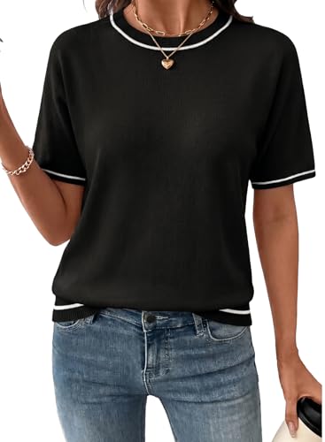Image of SHEWIN Womens Tops Trendy Short Sleeve Shirts Crewneck Lightweight Knit Sweater Top Business Casual Outfits