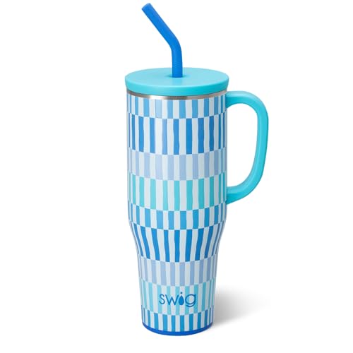 Swig Life 40oz Mega Mug, 40oz Tumbler with Handle and Straw, Extra Large Insulated Tumblers, Cup Holder Friendly Travel Mug (Glacier Stripe)