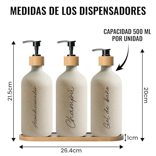 Miniatura 2 de Dispensador De Jabón Baño Kivora Set De 3 Botes Para Gel Y Champú Con Base De Bambú, Dosificador Jabón Baño 500 Ml, Botes Baño Rellenables Para Ducha Y Encimera Trigo