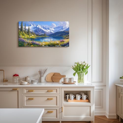 crmotu Mountain Lake Wall Art, Natural Landscape Large Wall Decor, Forest Meadow Wildflower Canvas Prints, Country Charm Pictures for Living Room Bedroom Kitchen, Rustic Farmhouse Decor 20x40 Inch