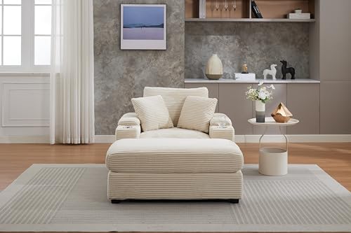 Image of 50 inch Corduroy Upholstered Chaise Lounge Chair Indoor, Modern Lazy Sofa with Storage Armrest, Sleeper Couch with Cup Holders for Living Room, Beige