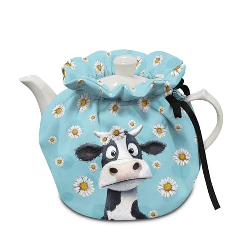 Image of Cute Cow Print Tea Cozy Daisy Print Tea Pot Cover Insulated Tea Cosy Teapot Dust Cover Teapot Warmer for Home Kitchen Teapot Covers, Blue