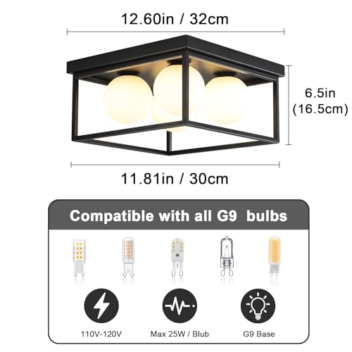 Image of Flush Mount Ceiling Light, 12.6 inch Close to Ceiling Light Fixtures with Globe Glass Shade, 4-Light Black Ceiling Light Fixture for Bedroom Kitchen Hallway Living Room Dining Room Entryway