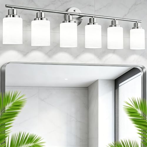 Image of 6-Light Brushed Nickel Vanity Lights for Mirror, Bathroom Light Fixtures with Textured Milky White Glass Shade, Modern Kitchen Light Fixtures Wall Sconce Light - E26 Base