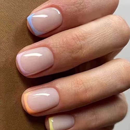 Hkanlre 24PCS Multicolour Square French Acrylic Candy Square False Nails Full Cover Nails for Women and Girls