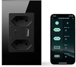 Tomada Inteligente Preta WiFi com Porta USB Tipo C Tomada de Parede dupla Compatível com Google Home Alexa